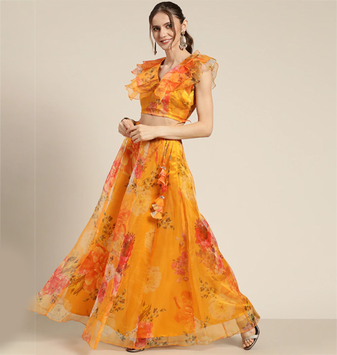 Yellow & Red Printed Ready to Wear Organza Lehenga